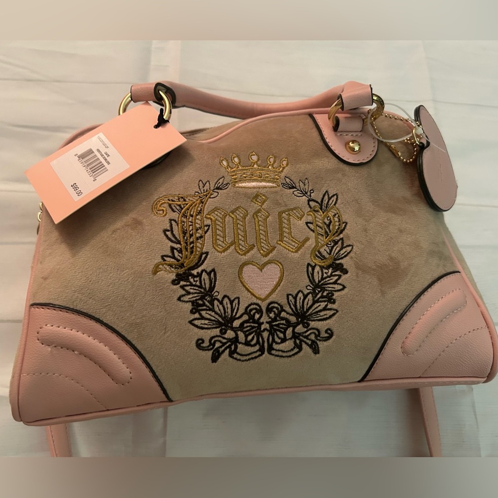 Juicy Couture Pink and Tan Embroidered Bowler Purse